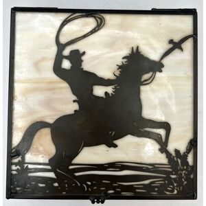 Vintage Slag Glass Cowboy Box Western Trinket Keys W 5.75" X 5.75"L X H 2‎ 1/8"